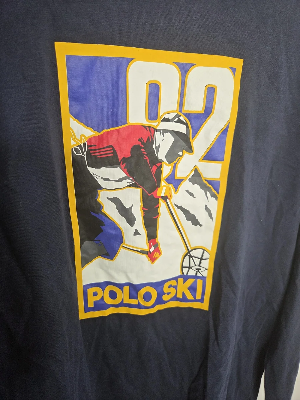 Polo by Ralph Lauren Mens Navy Long-Sleeve Shirt W/ Yellow Red Ski Graphic (M)